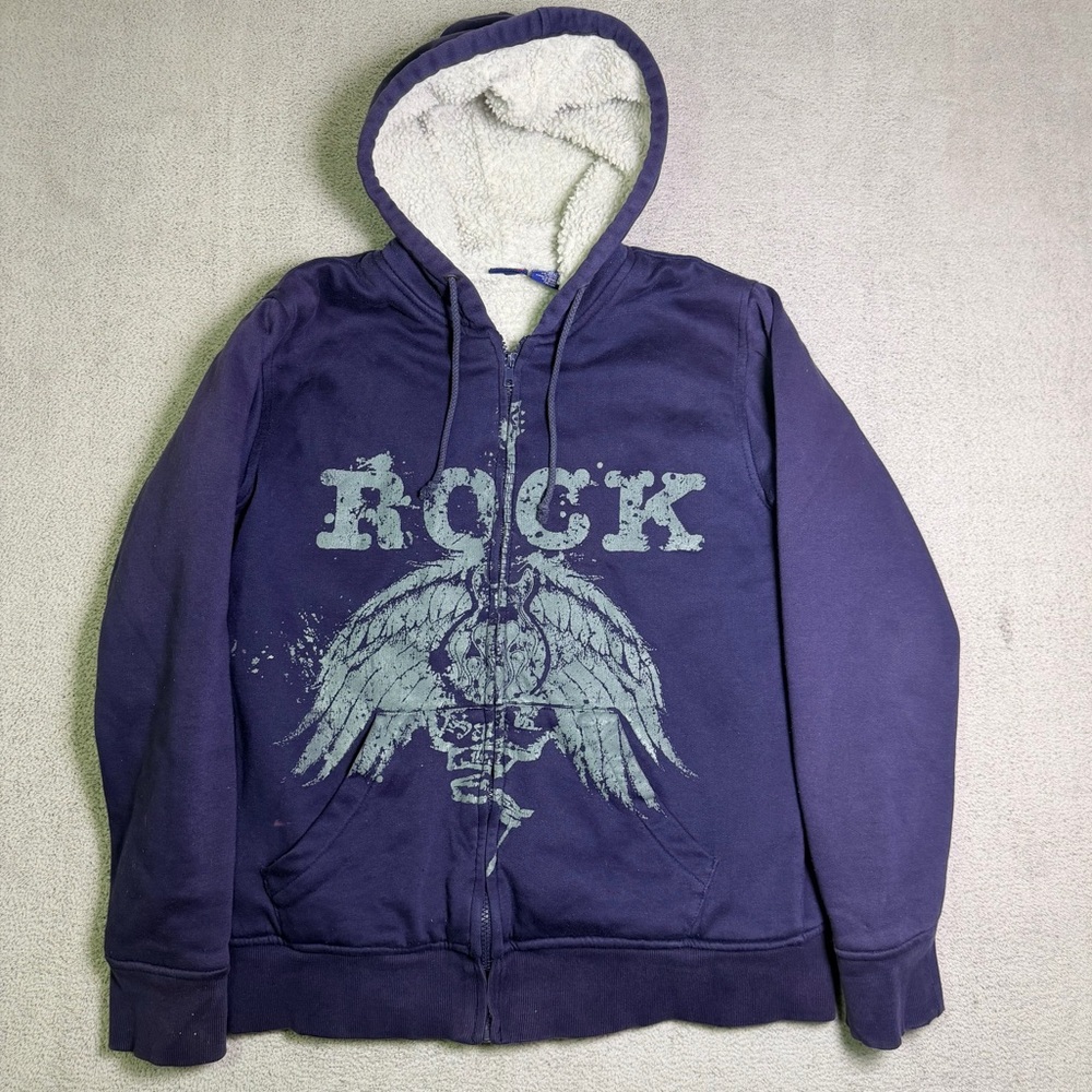 Vintage Sherpa Lined Jacket Men’s Medium Full Zip Grunge Rock N Roll Graphic Y2K